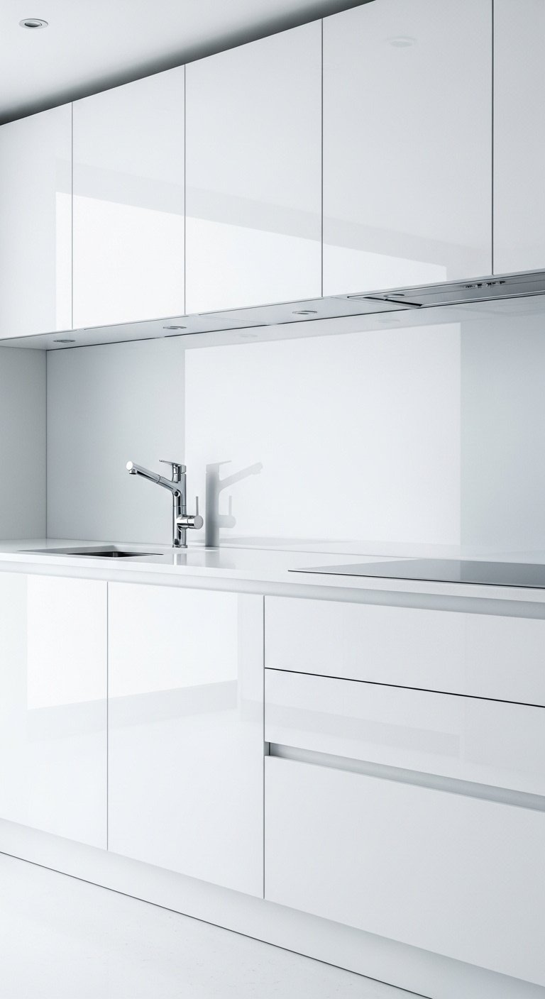 High gloss white flat panel cabinets with handleless design white quartz countertop and chrome faucet in a sleek minimalist kitchen