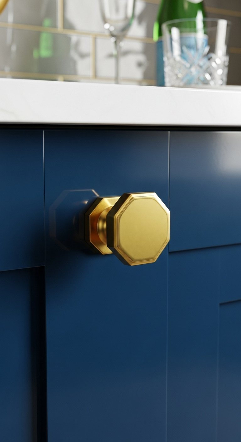 Highly reflective polished brass octagonal knob on a high-gloss navy blue cabinet door with dramatic studio light and luxurious glamorous mood