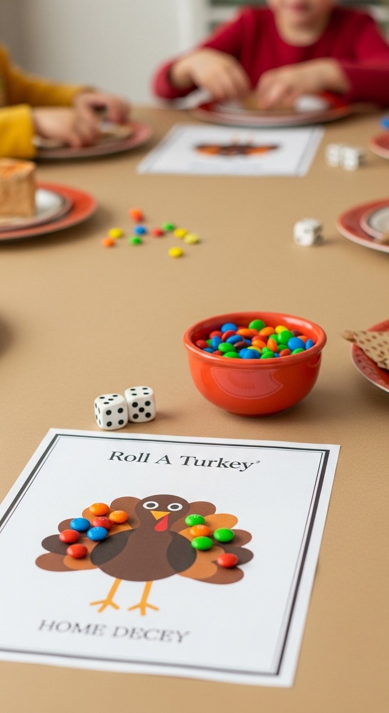 Hilarious Roll A Turkey dice game with printable sheet dice and colorful MMs as markers on a kids table