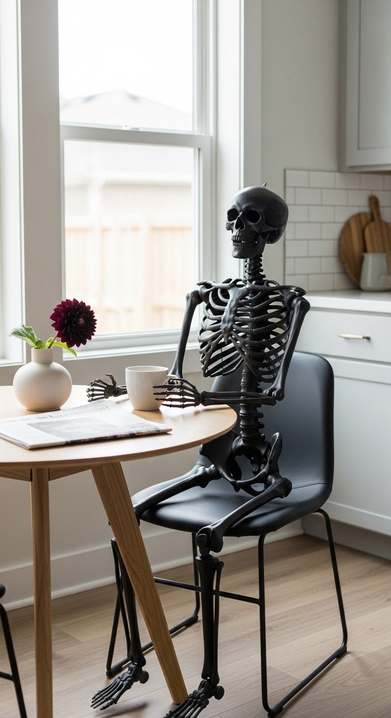 Humorous Halloween kitchen dining nook with a life-sized black skeleton enjoying coffee at a round wooden table with a newspaper and dahlia