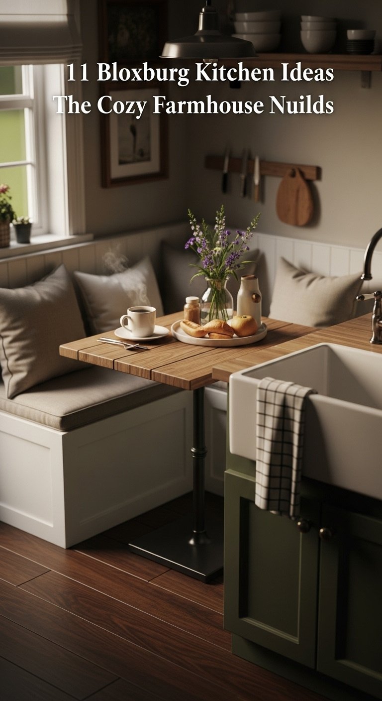 Hyperrealistic Bloxburg farmhouse kitchen nook with white built-in bench rustic table steaming mug and wildflowers