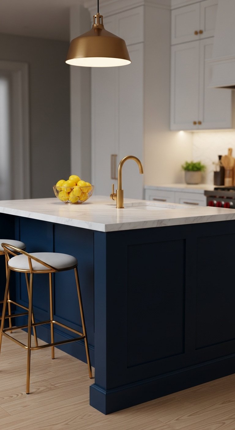 Hyperrealistic Bloxburg kitchen island in deep navy blue with white marble countertop gold bar stools and yellow lemons