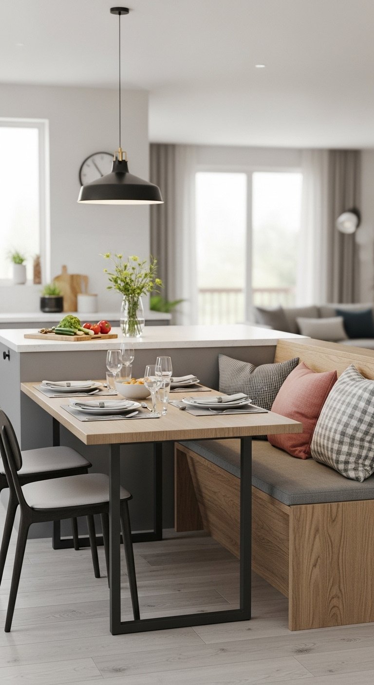 Hyperrealistic Bloxburg kitchen island with built-in wooden bench cozy pillows place settings and cutting board