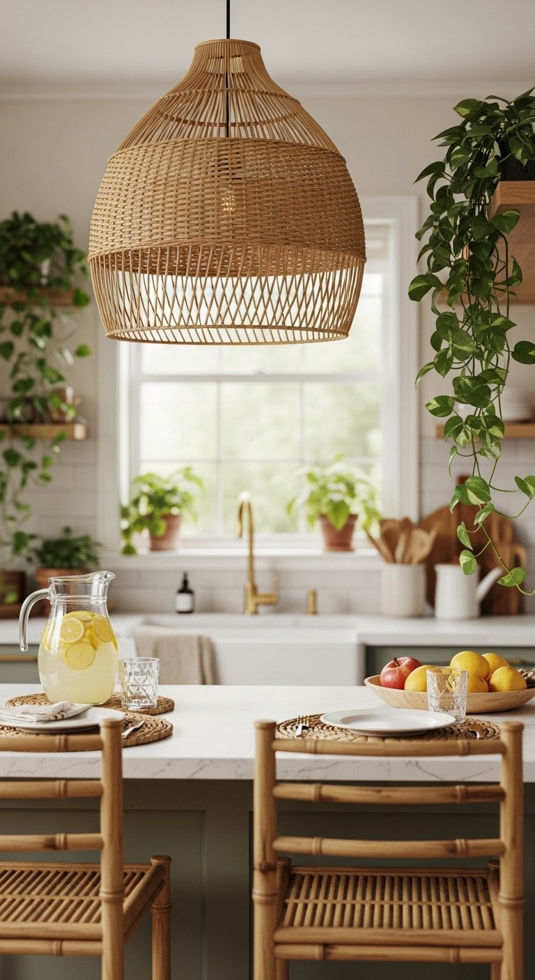 Hyperrealistic Bloxburg kitchen island with rattan pendant light bamboo bar stools and pitcher of lemonade