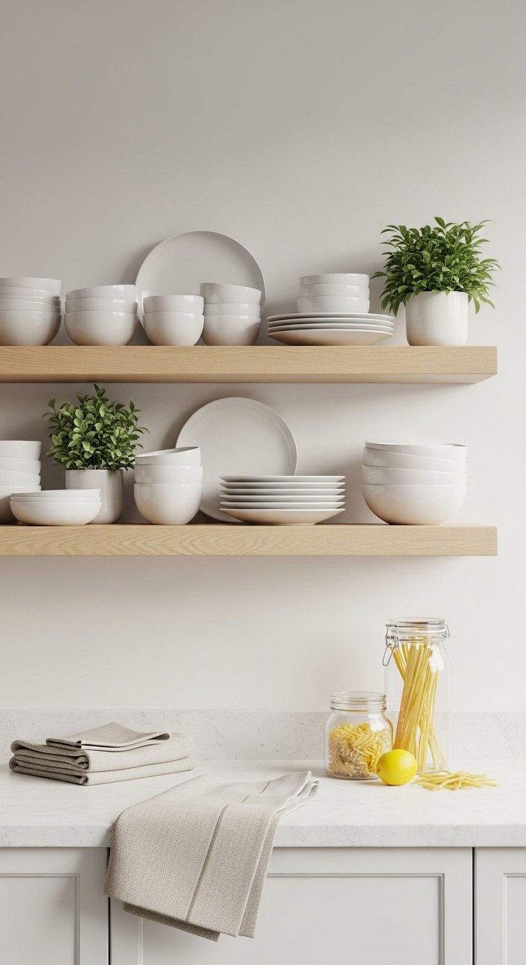 Hyperrealistic Bloxburg kitchen with light wood floating shelves white ceramic dishes green plants and linen towel
