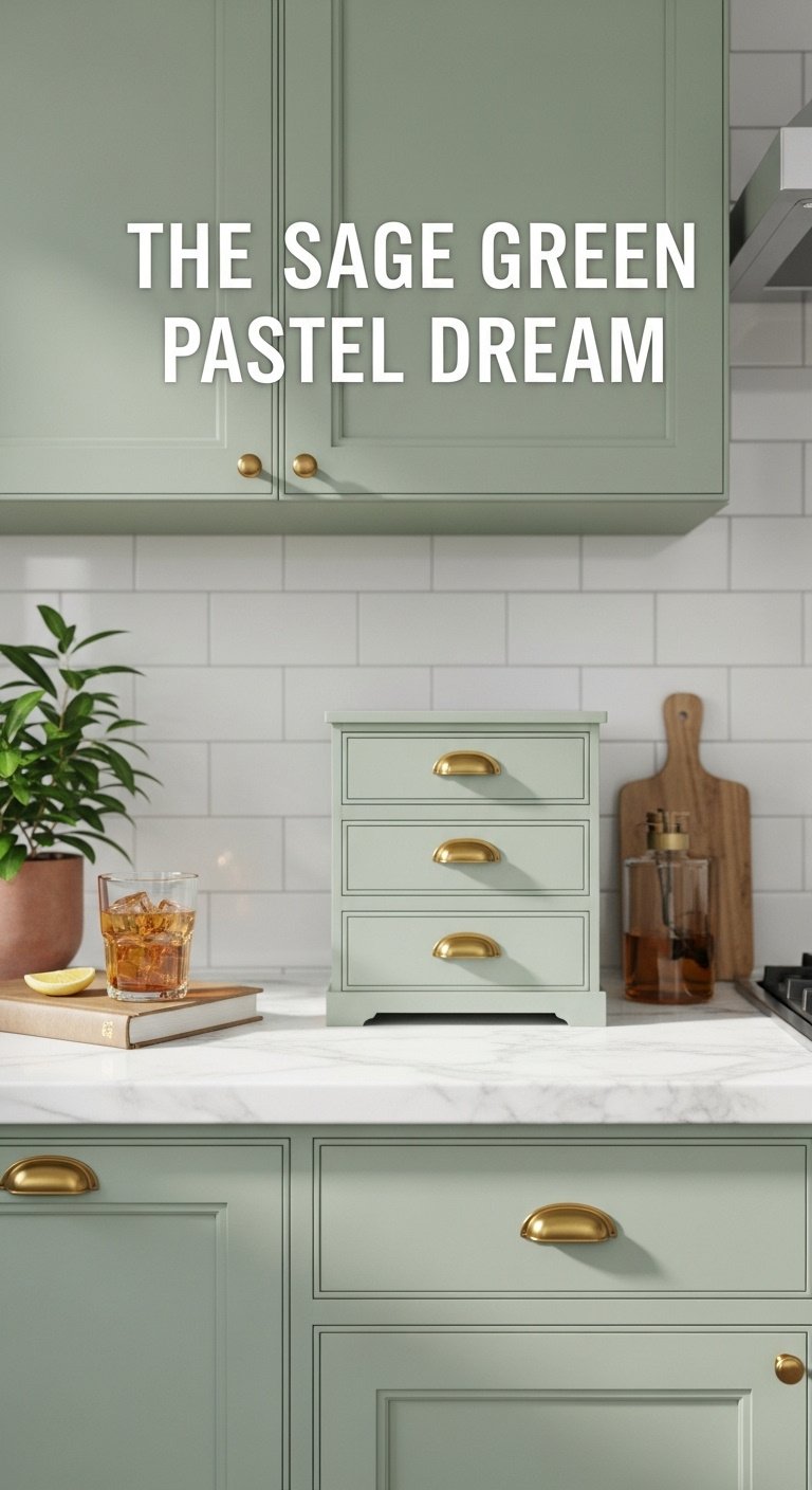 Hyperrealistic Bloxburg kitchen with sage green cabinets brass hardware white marble countertop and leafy plant