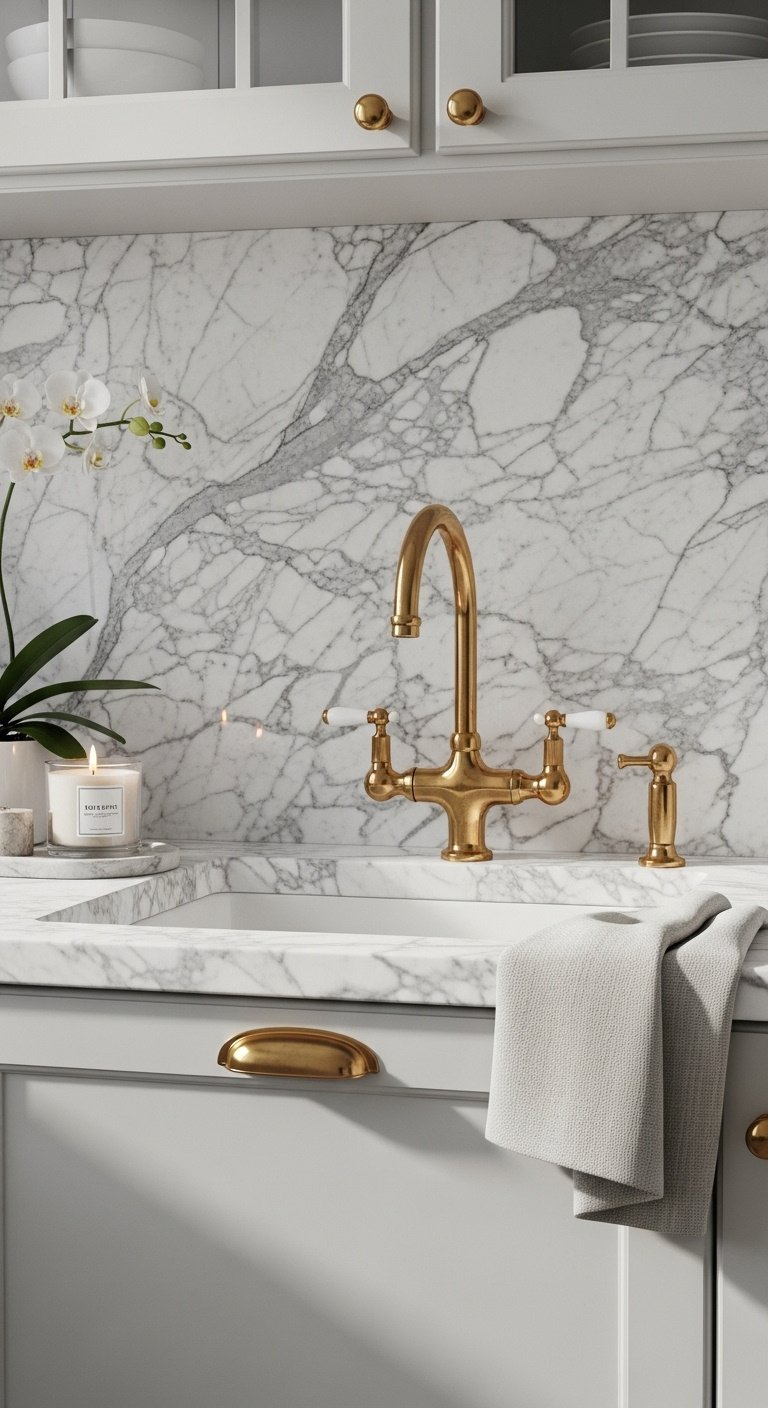 Hyperrealistic Bloxburg kitchen with white gray marble countertop backsplash elegant brass faucet handles orchid and candle