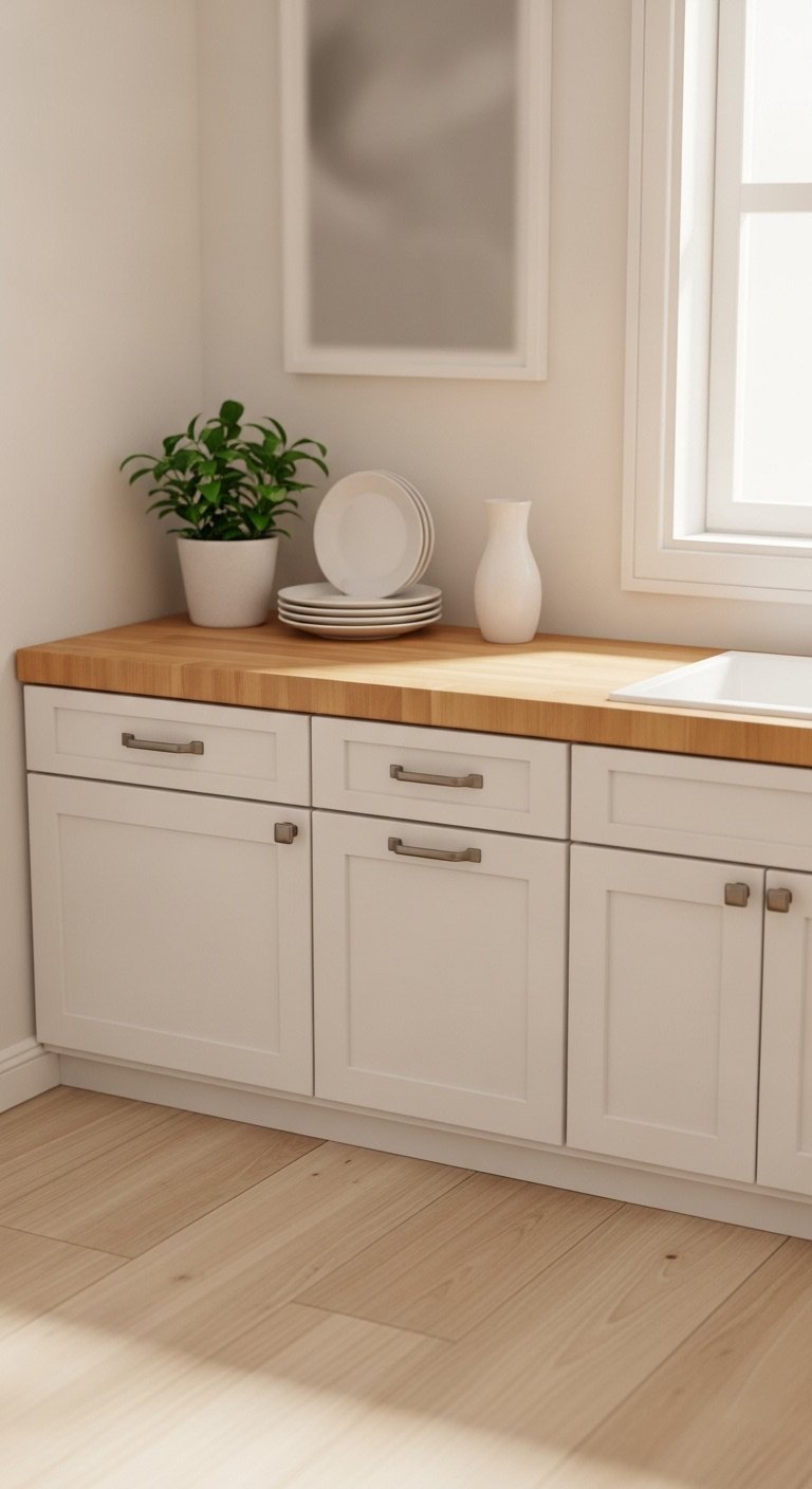 Hyperrealistic Bloxburg kitchen with white shaker cabinets light wood butcher block countertops potted plant and ceramic plates