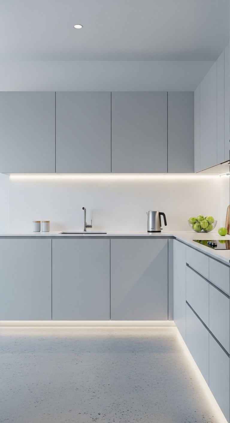 Hyperrealistic Bloxburg modern minimalist galley kitchen with light gray handleless cabinets and polished concrete floors