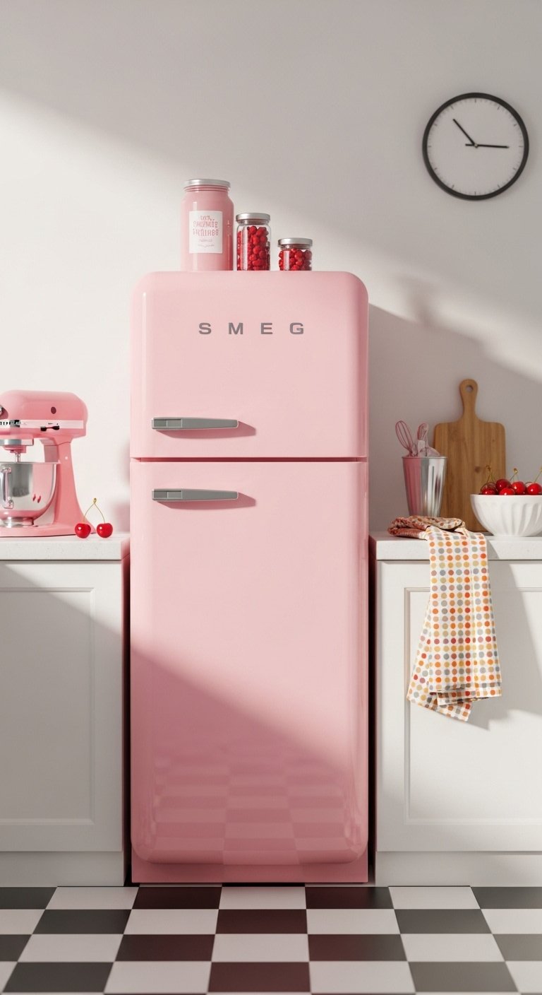 Hyperrealistic Bloxburg retro kitchen with blush pink refrigerator black and white checkerboard floor and milkshake mixer