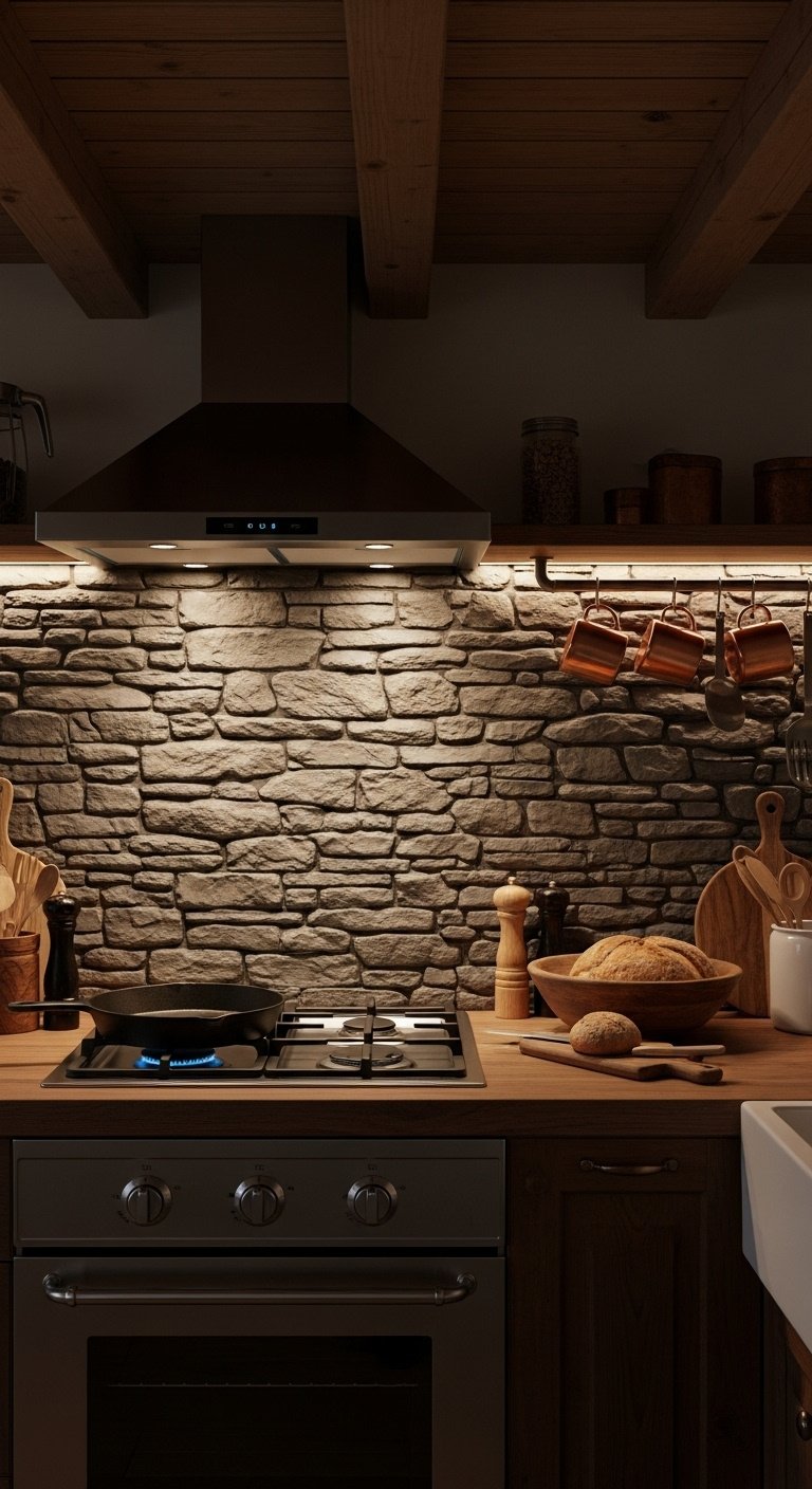 Hyperrealistic Bloxburg rustic kitchen with natural stone backsplash dark wood countertops cast-iron skillet and copper mugs