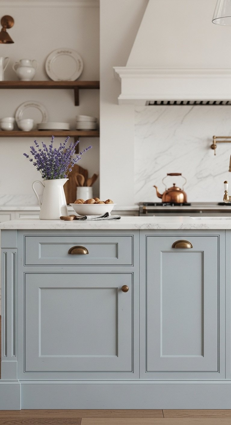 Hyperrealistic French blue kitchen with shaker cabinets aged brass hardware marble countertops and rustic decor