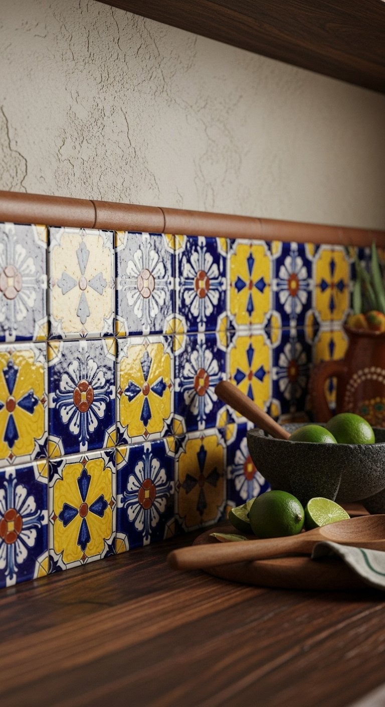 Hyperrealistic Mexican kitchen with vibrant Talavera tile backsplash molcajete limes wooden spoon rustic countertop soft natural light