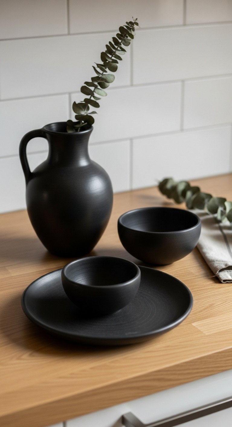 Hyperrealistic Oaxacan black clay pottery on a modern light-wood kitchen countertop with dried eucalyptus and linen napkin
