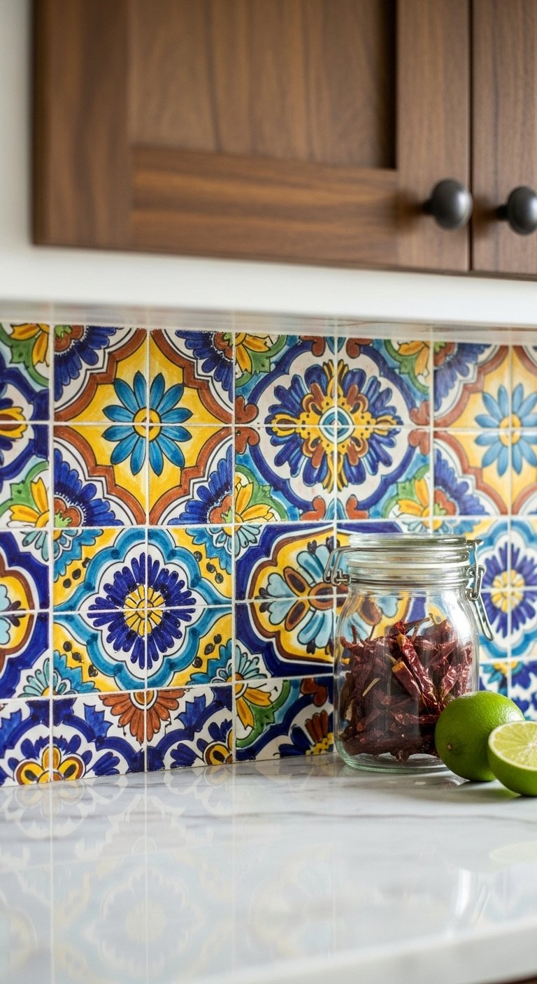 Hyperrealistic Talavera tile backsplash in cobalt blue yellow and terracotta with dried chili peppers and lime