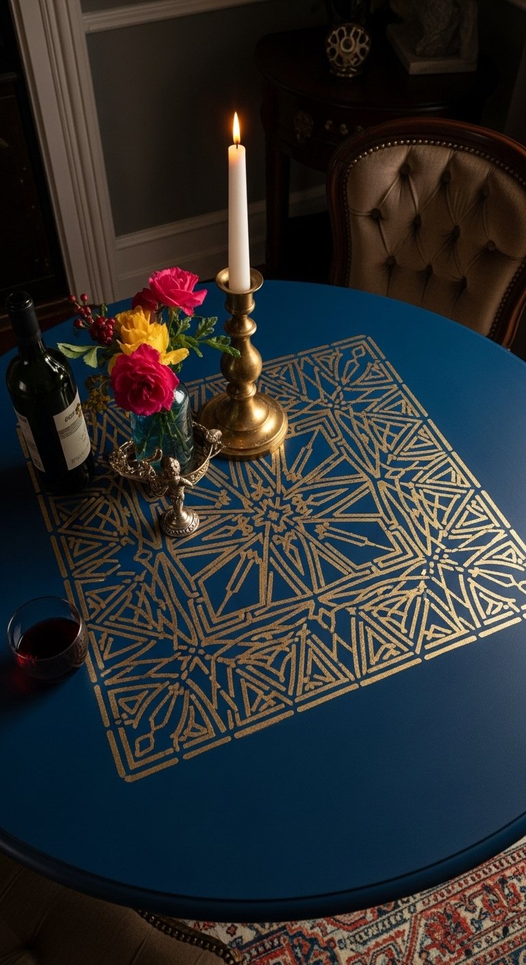 Hyperrealistic artistic stenciled navy blue dining table with metallic gold geometric pattern top