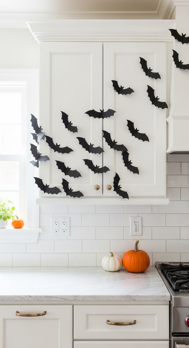 Hyperrealistic black paper bats on white kitchen cabinets with subtle Halloween decor in a bright kitchen
