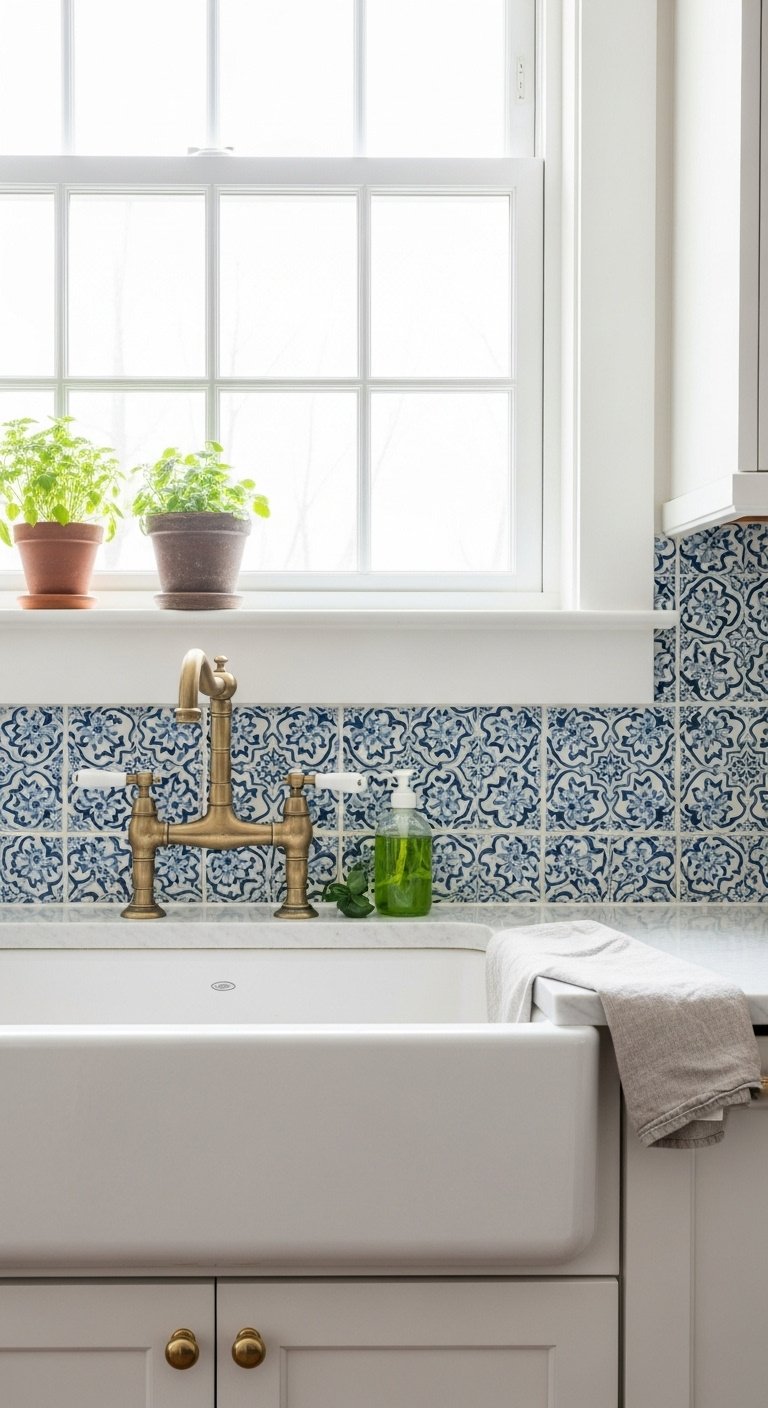 Hyperrealistic blue and white floral tile backsplash behind a farmhouse sink with a brass faucet and herbs in natural light