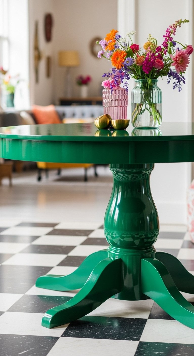 Hyperrealistic bold emerald green high gloss painted kitchen table on checkered floor with gold and floral decor