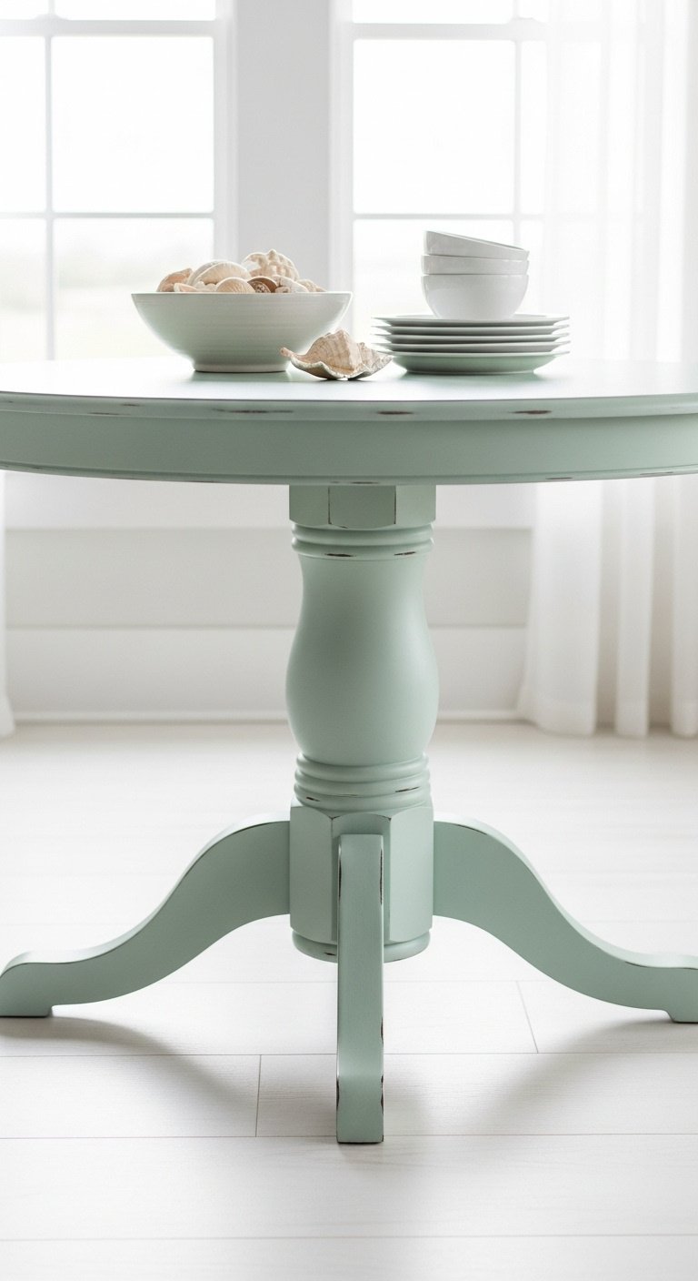 Hyperrealistic breezy coastal charm kitchen table painted seafoam green on whitewashed floor with seashells