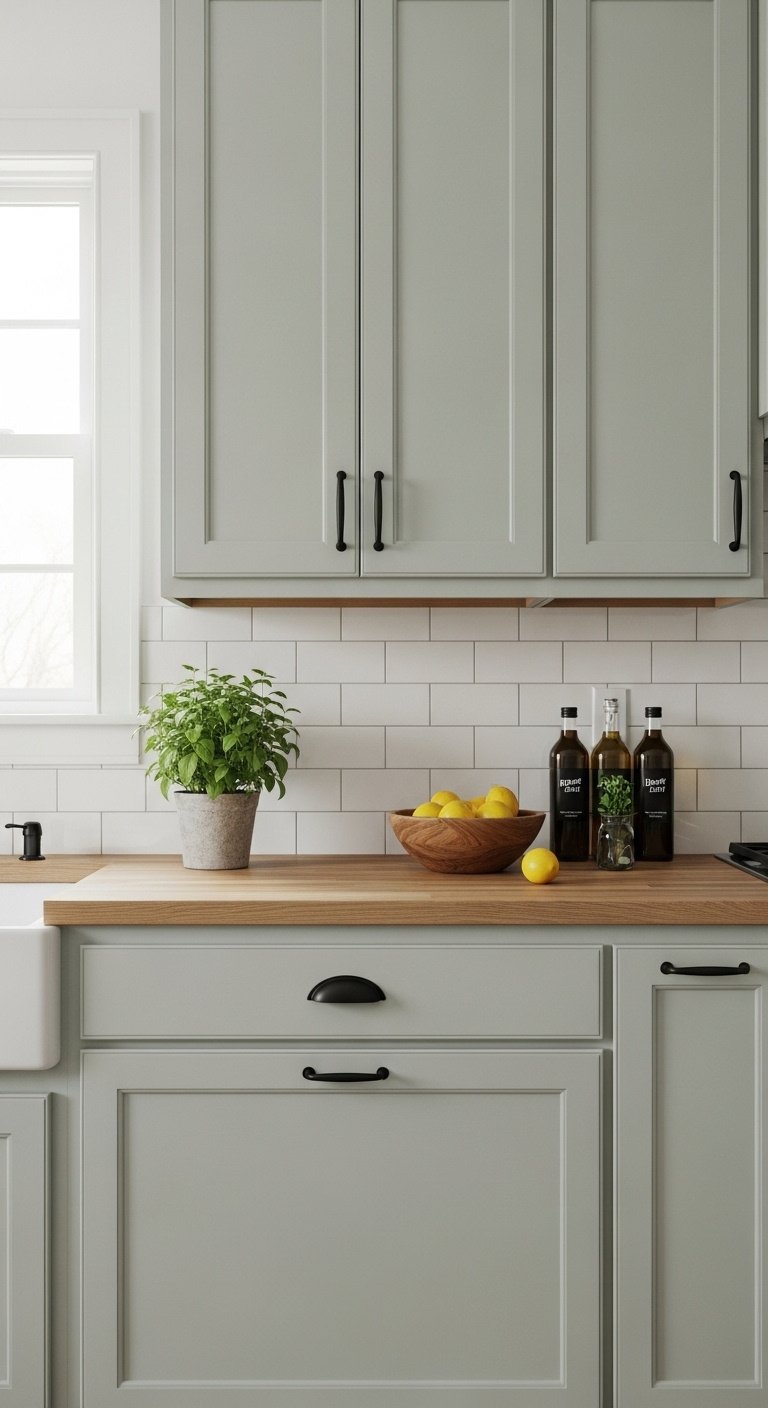 Hyperrealistic bright kitchen with timeless sage green cabinets, butcher block, and white subway tile with natural light