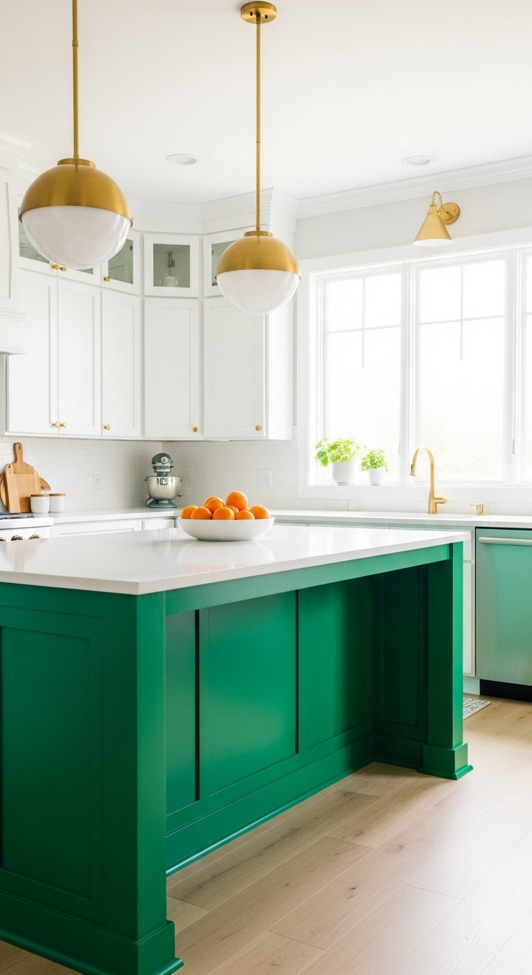 Hyperrealistic bright modern kitchen with vibrant emerald green island and white cabinets with gold pendant lights