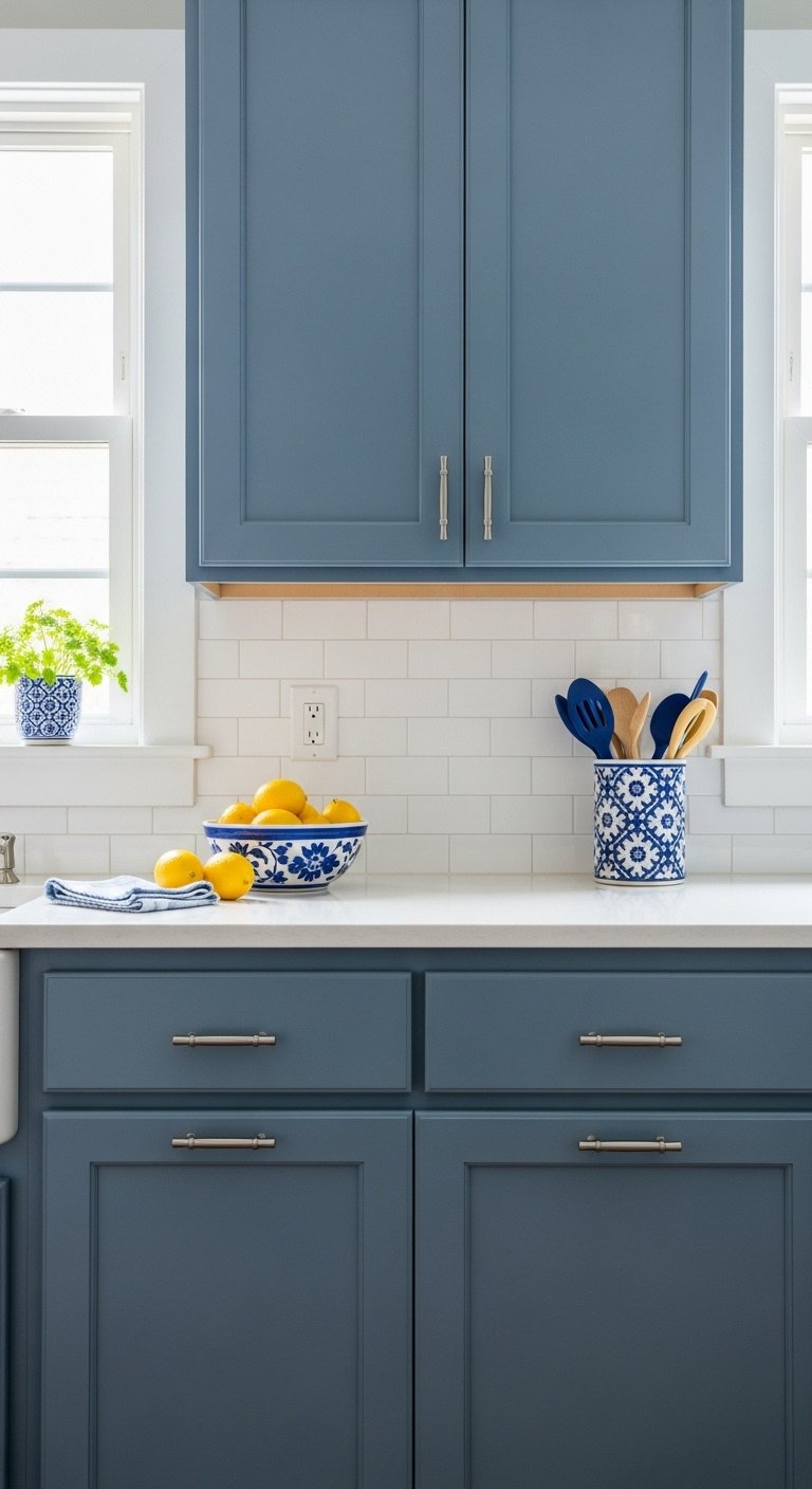 Hyperrealistic charming kitchen with slate blue painted cabinets brushed nickel pulls and white countertop