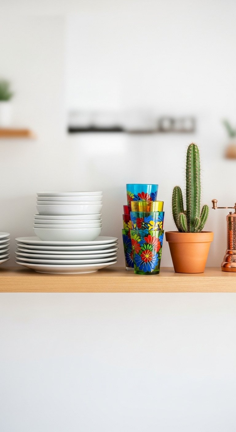 Hyperrealistic chic floating shelf with white ceramic plates hand-painted Mexican tumblers green cactus and copper pepper grinder