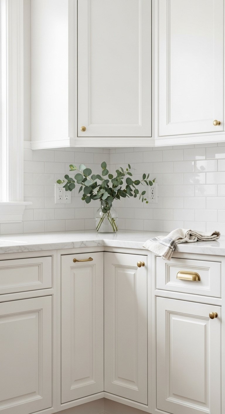 Hyperrealistic classic all white painted kitchen cabinets with shaker doors brass handles and marble countertop