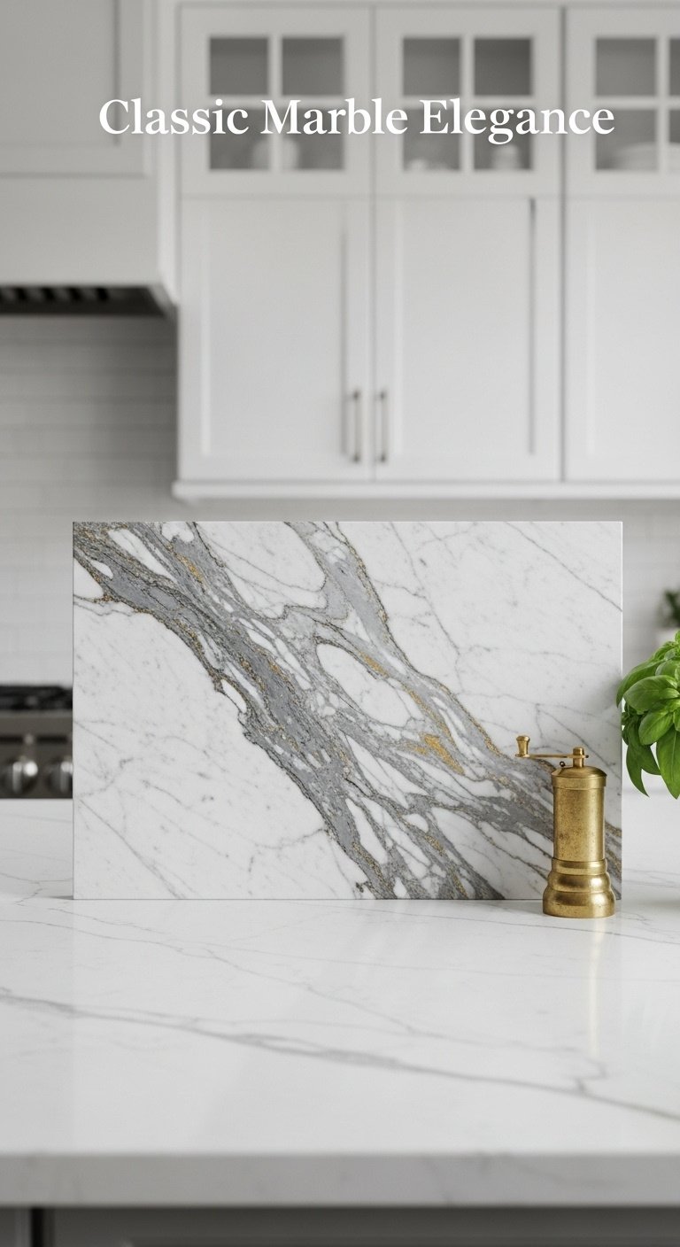 Hyperrealistic close-up of a luxurious Calacatta marble backsplash with dramatic grey and gold veining in a minimalist kitchen