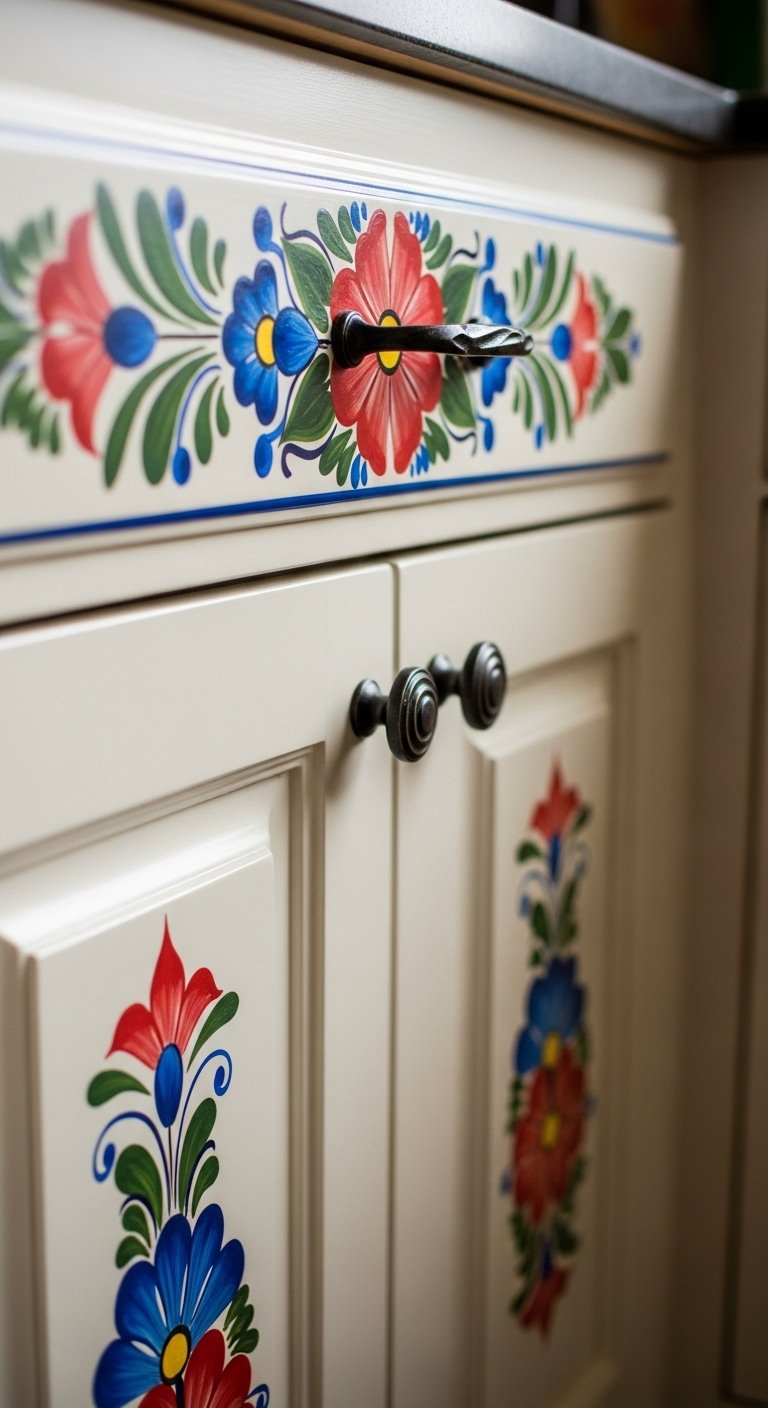 Hyperrealistic cream kitchen cabinet door with hand-painted vibrant floral border design and wrought iron pull handle