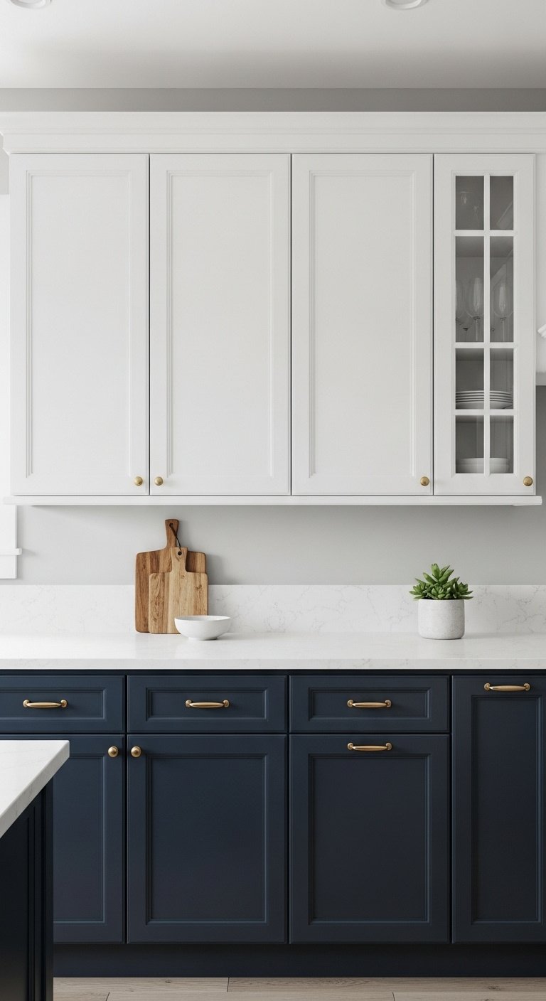 Hyperrealistic designer two tone kitchen cabinets with deep navy lowers crisp white uppers and white quartz