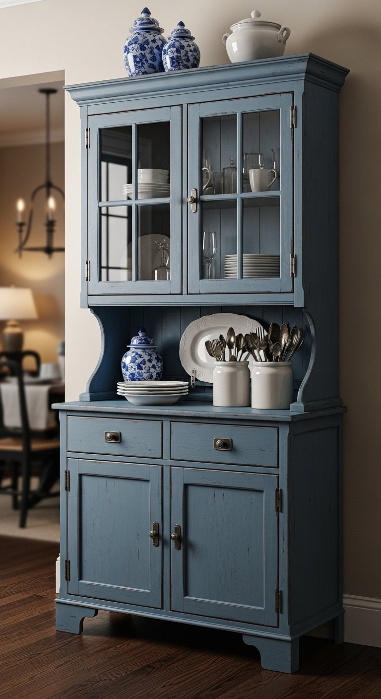 Hyperrealistic dusty blue kitchen hutch with glass doors ironstone plates and vintage ginger jars in warm moody light