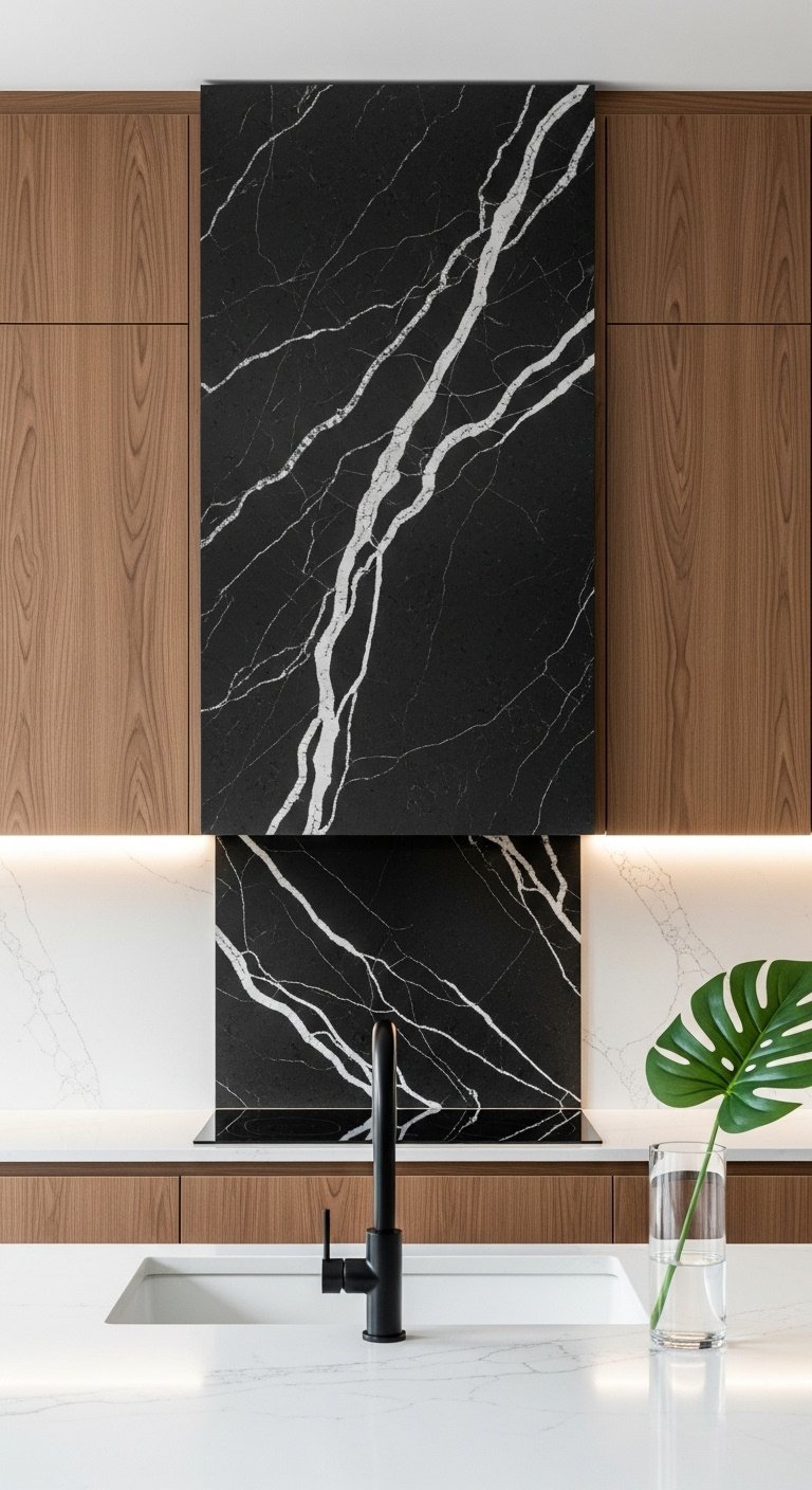 Hyperrealistic eye-level shot of a full-height dark quartzite slab backsplash with white veining in a luxurious modern kitchen
