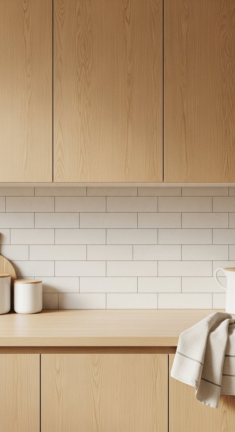 Hyperrealistic eye-level shot of a smooth honed limestone backsplash in soft ivory with a stacked bond pattern in a serene kitchen