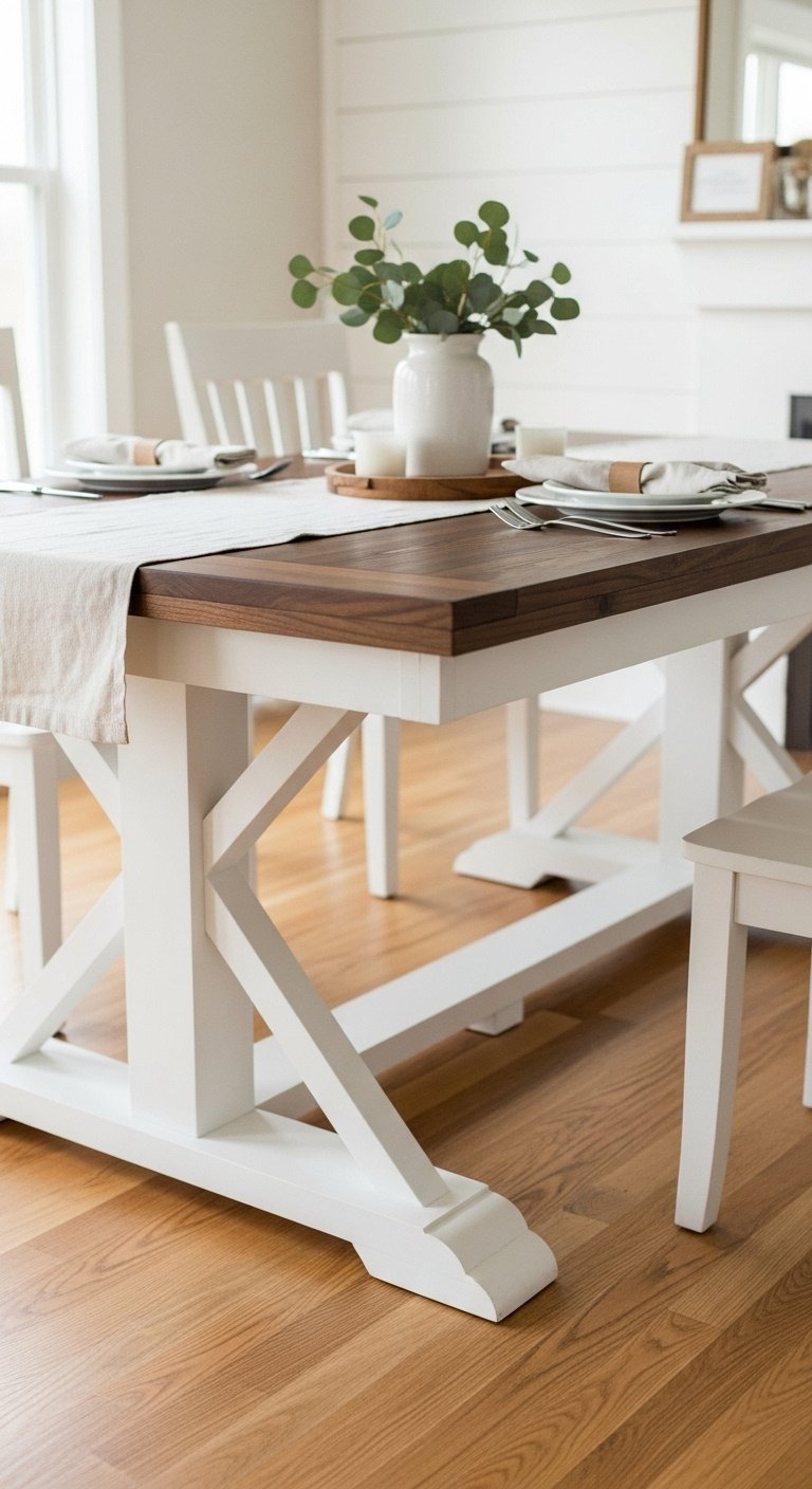 Hyperrealistic farmhouse dining table makeover with dark walnut stained top and white painted base in a cozy dining room