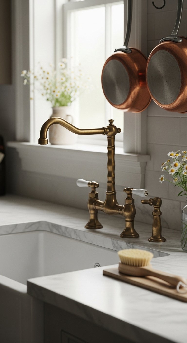 Hyperrealistic farmhouse sink with aged brass faucet copper pots and pans and wooden scrub brush in natural light
