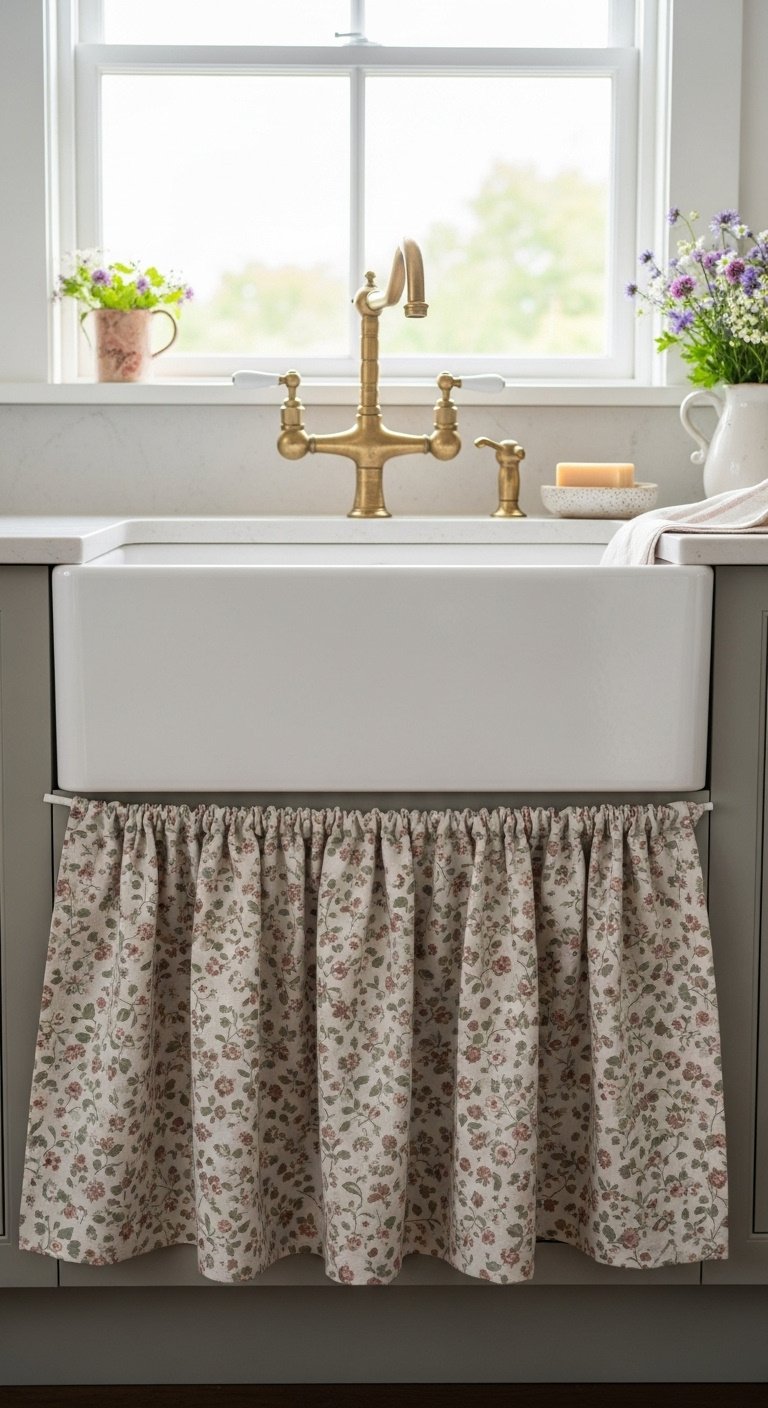 Hyperrealistic floral linen sink skirt under a white farmhouse sink with brass faucet and handmade soap in natural light