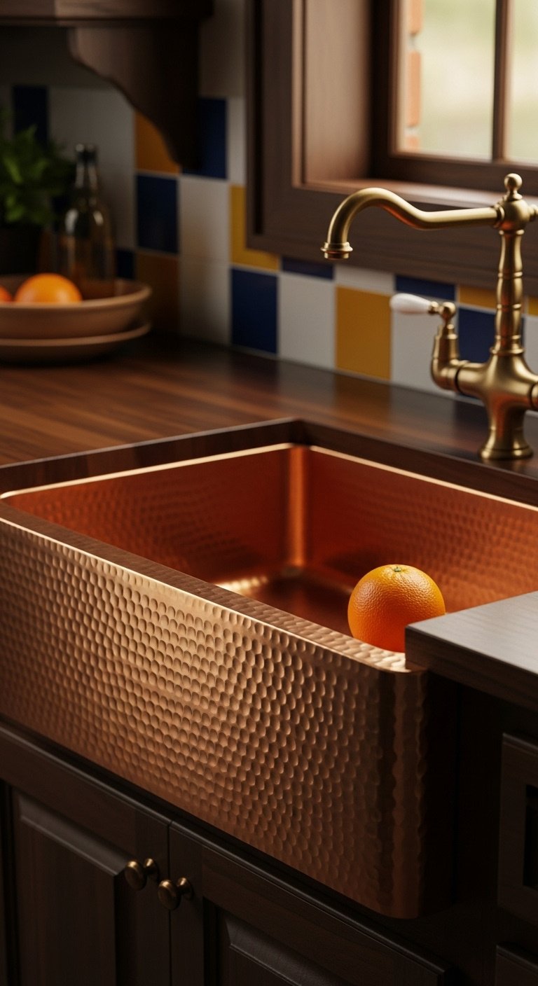 Hyperrealistic hand-hammered copper farmhouse sink with rich patina vintage brass faucet and fresh orange