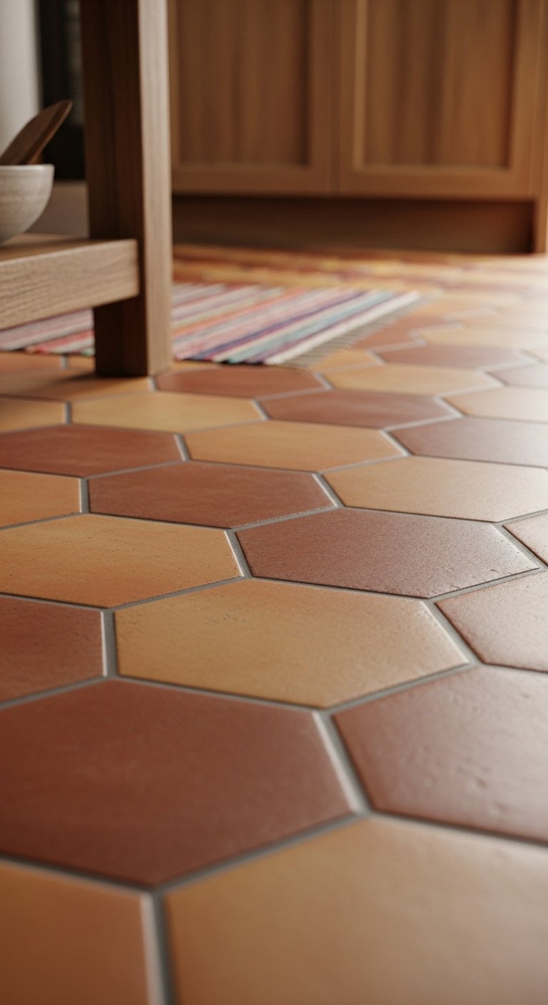 Hyperrealistic hexagonal terracotta Saltillo tile kitchen floor with natural color variations and blurred wooden island