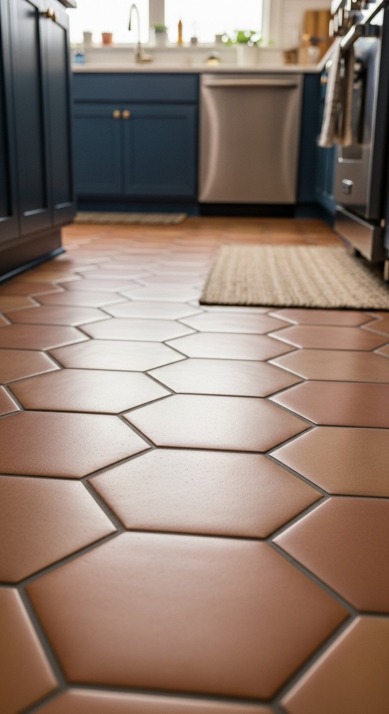 Hyperrealistic hexagonal terracotta floor tiles contrasting with sleek navy blue kitchen cabinets and a jute rug