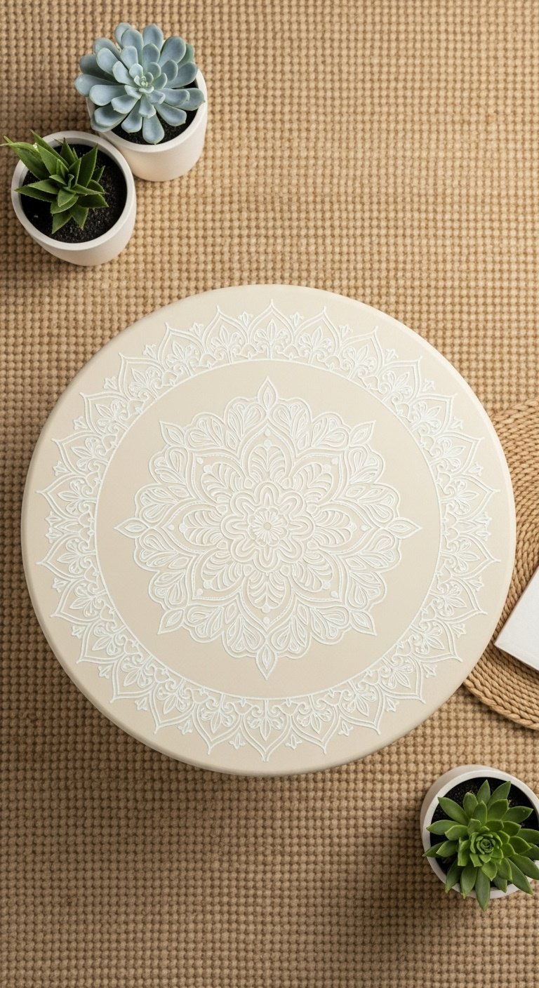 Hyperrealistic high end boho stenciled cream kitchen table with white mandala pattern on jute rug with succulents