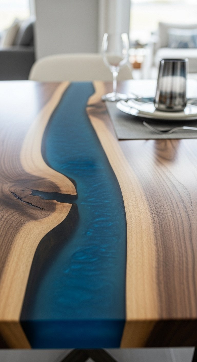 Hyperrealistic high gloss epoxy resin river dining table with natural walnut wood and deep blue resin in a luxurious setting
