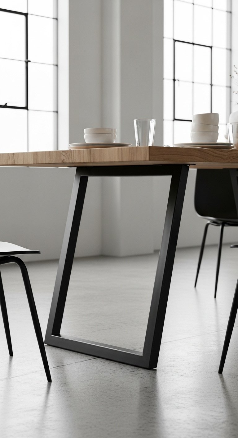 Hyperrealistic industrial dining table makeover with natural wood top and sleek black metal trapezoid legs on concrete floor