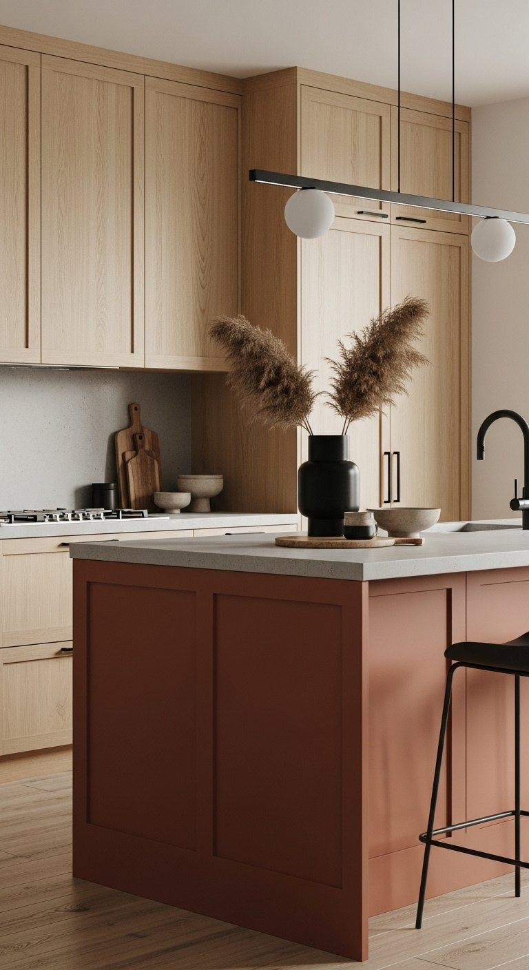 Hyperrealistic kitchen island with earthy terracotta cabinets, concrete countertop, and pampas grass with natural light
