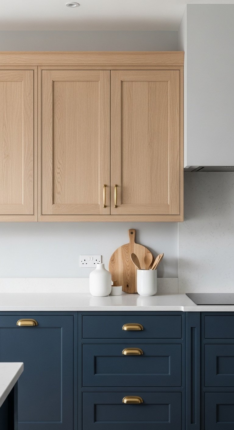 Hyperrealistic kitchen with dynamic two tone cabinets deep navy blue lowers and light white oak uppers with brass hardware