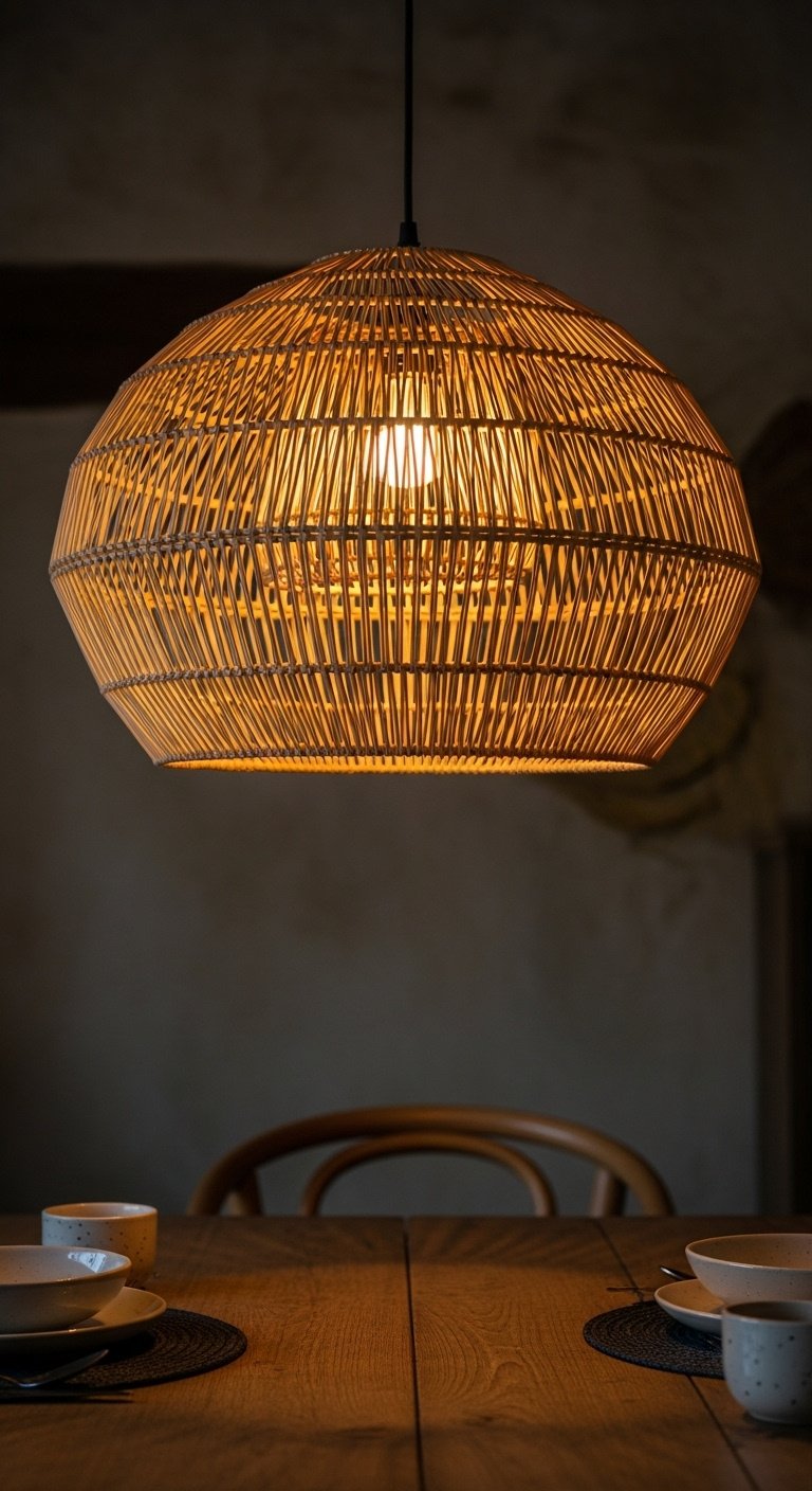 Hyperrealistic large woven rattan pendant light casting warm patterned glow over a rustic wooden dining table