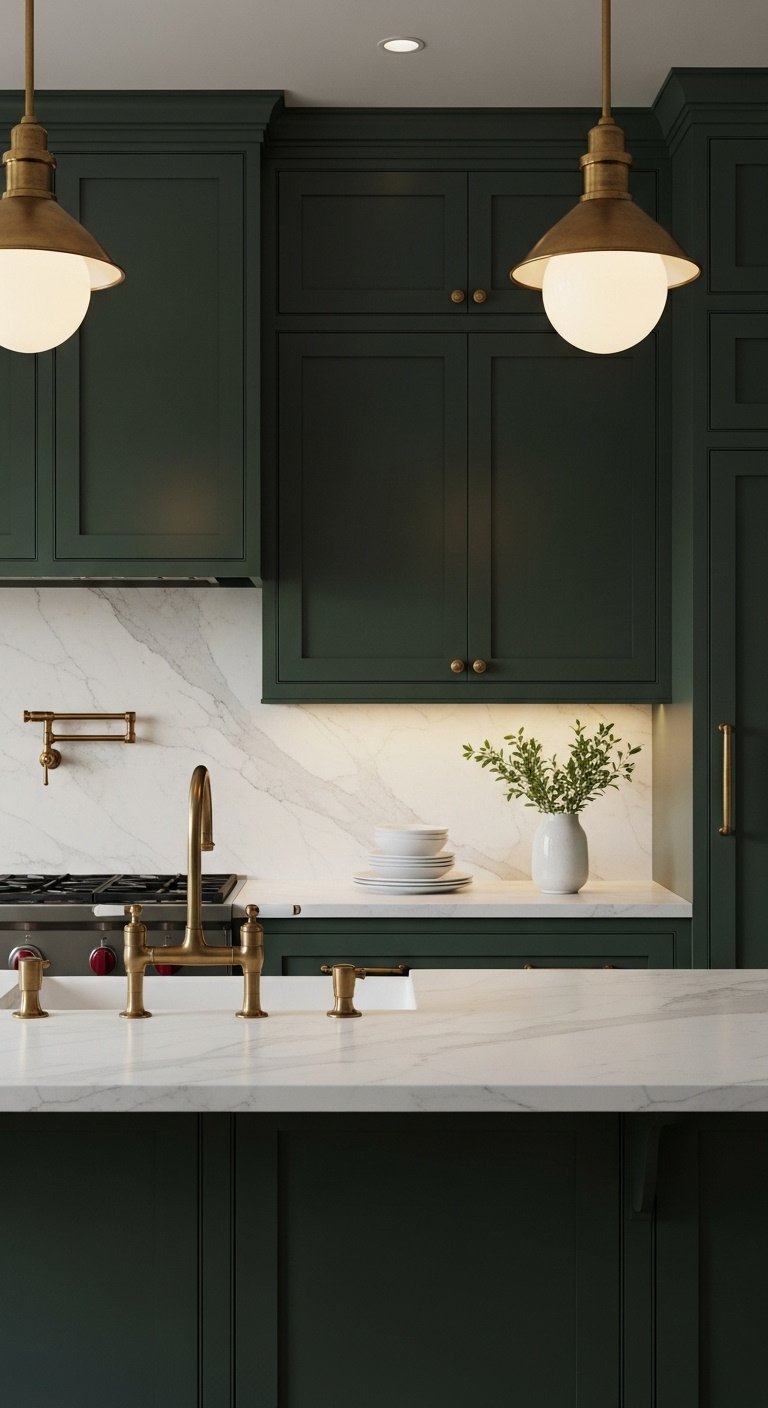Hyperrealistic luxurious kitchen with dark forest green cabinets, white marble, and brass accents with moody lighting