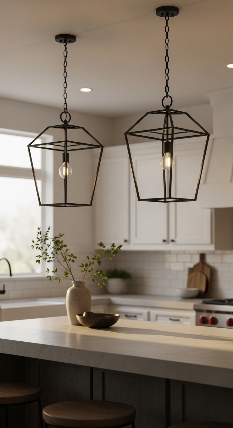 Hyperrealistic minimalist wrought iron pendant lights over a modern concrete kitchen island with a ceramic vase and branch
