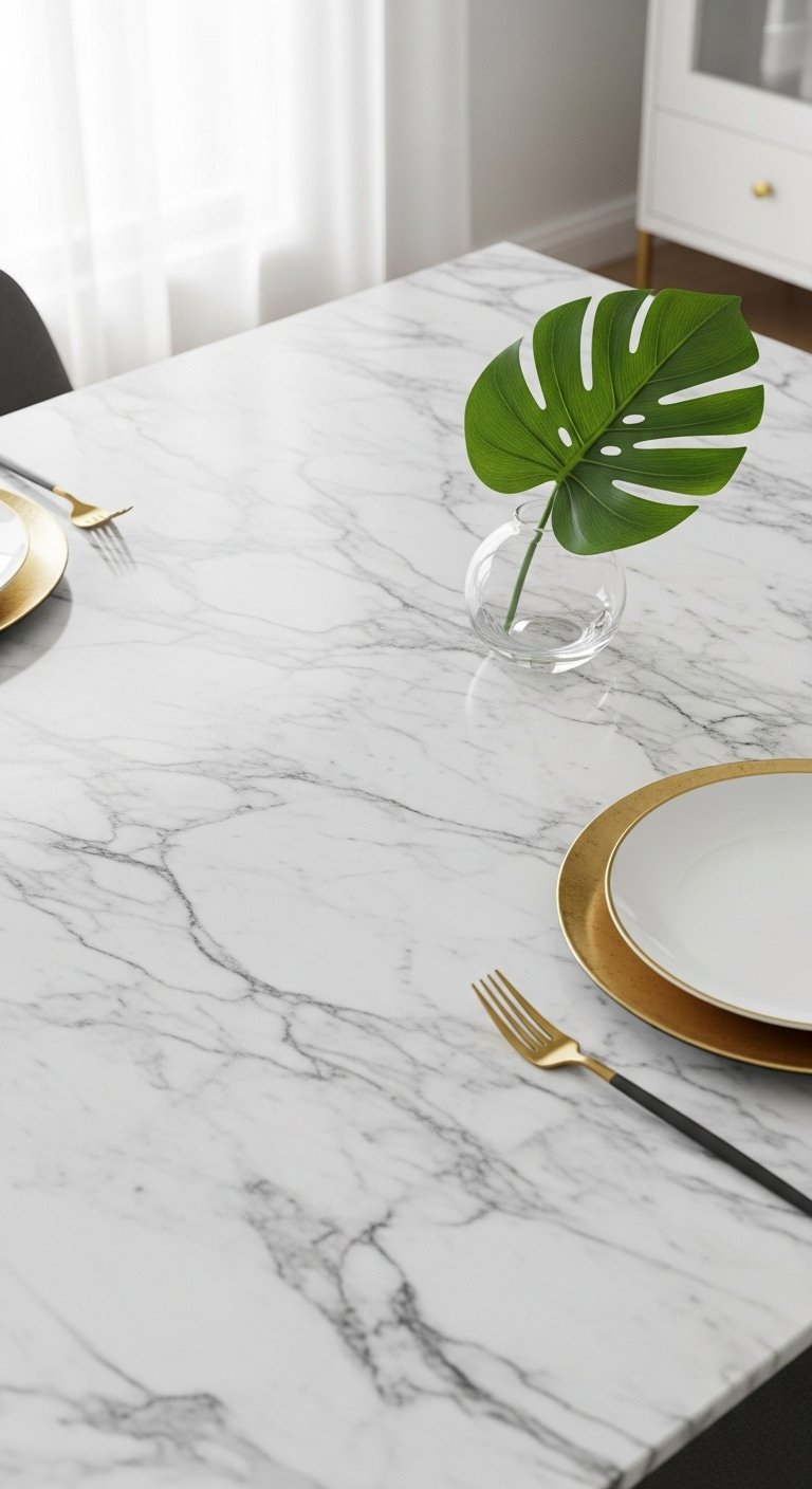 Hyperrealistic modern dining table makeover with faux marble contact paper top minimalist elegant flat lay
